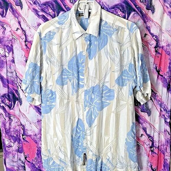 Cubavera Hawaiian/Aloha Men's Shirt Viscose M Rayon White/Tan/Blue Bamboo - Picture 1 of 5